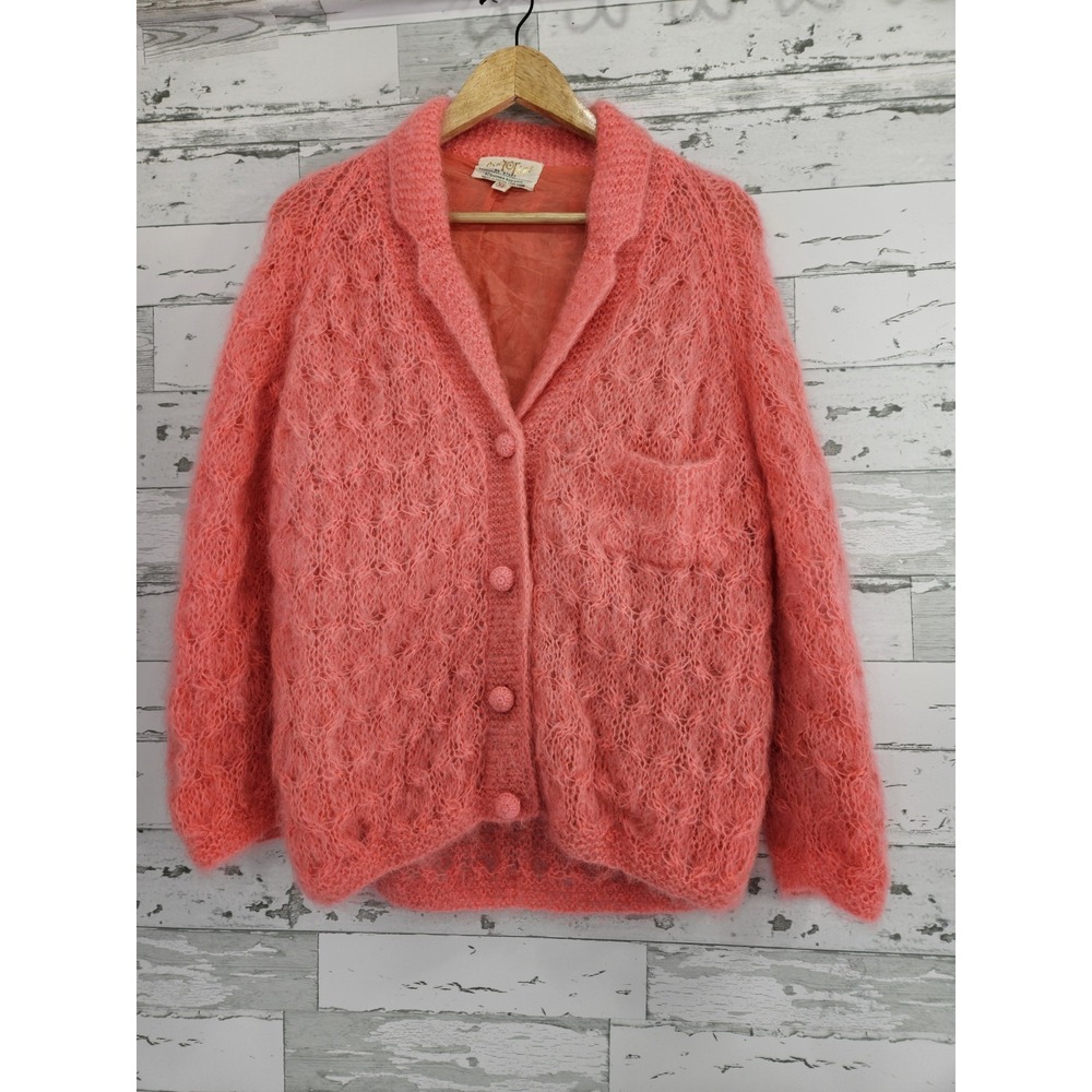 Cyn Les Vintage 60s Womens Medium Cardigan  Mohair Wool Coral Pink Knit Sweater